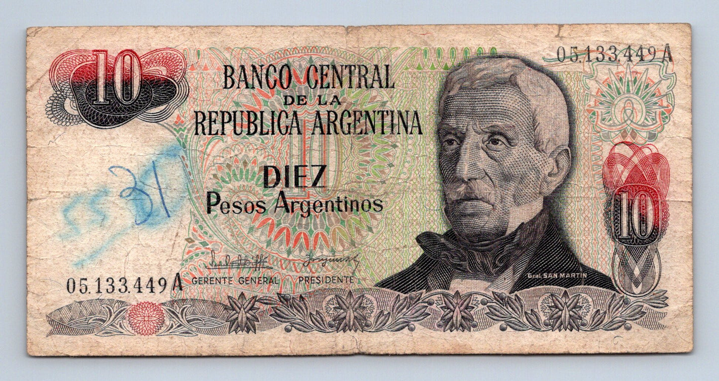 Bankovka 10 Pesos Argentinos 1976 1983 A 05.133.449 A (B0109)