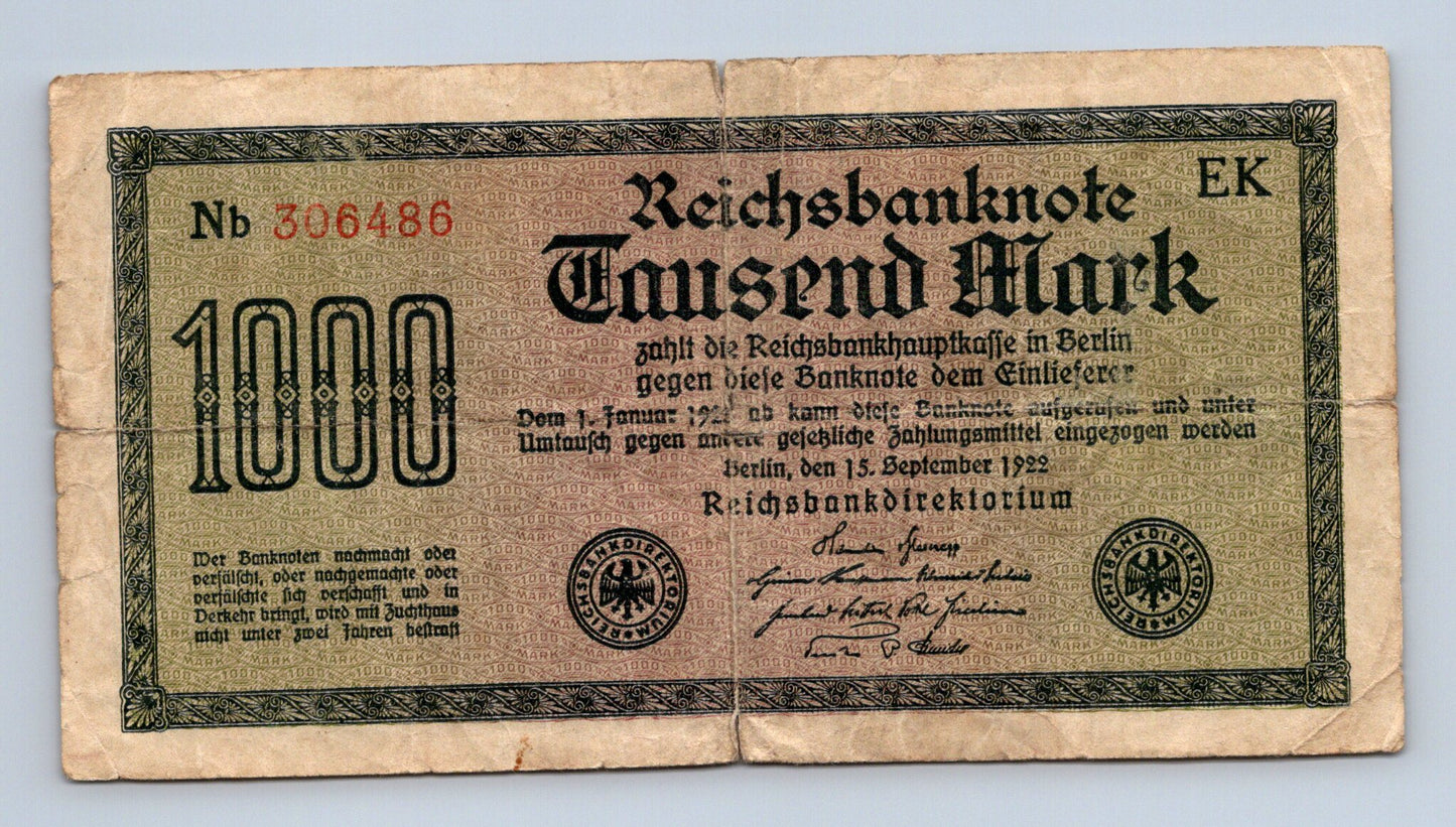 Bankovka Nemecko 1000 Mark 1922 Nb 306486 (B0113)