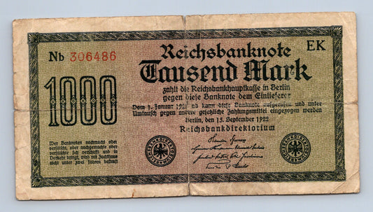 Bankovka Nemecko 1000 Mark 1922 Nb 306486 (B0113)