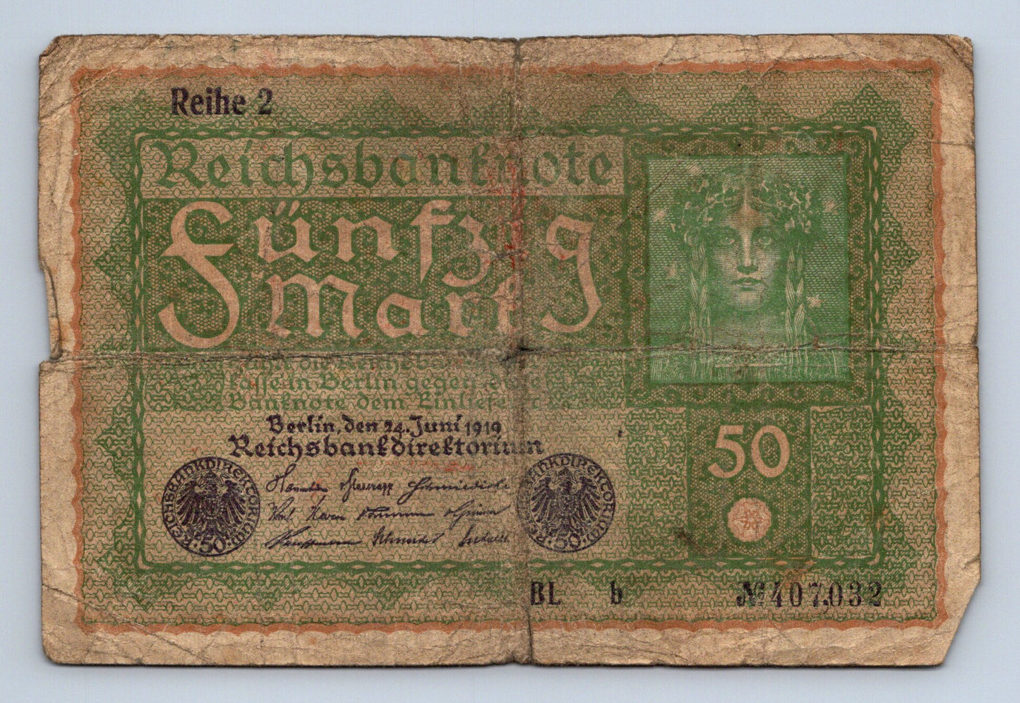 Bankovka Nemecko 50 Mark 1919 Reihe 2 N 407.032 (B0124)