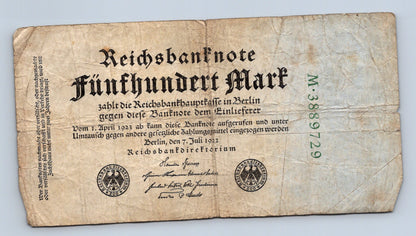 Bankovka Nemecko 500 Mark 1922 M. M.3889729 (B0125)
