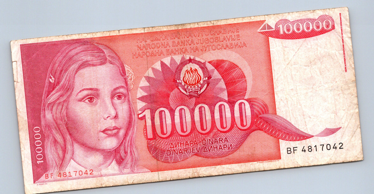Bankovka Jugoslávie 100000 Dinar 1989 BF BF 4817042 (B0133)