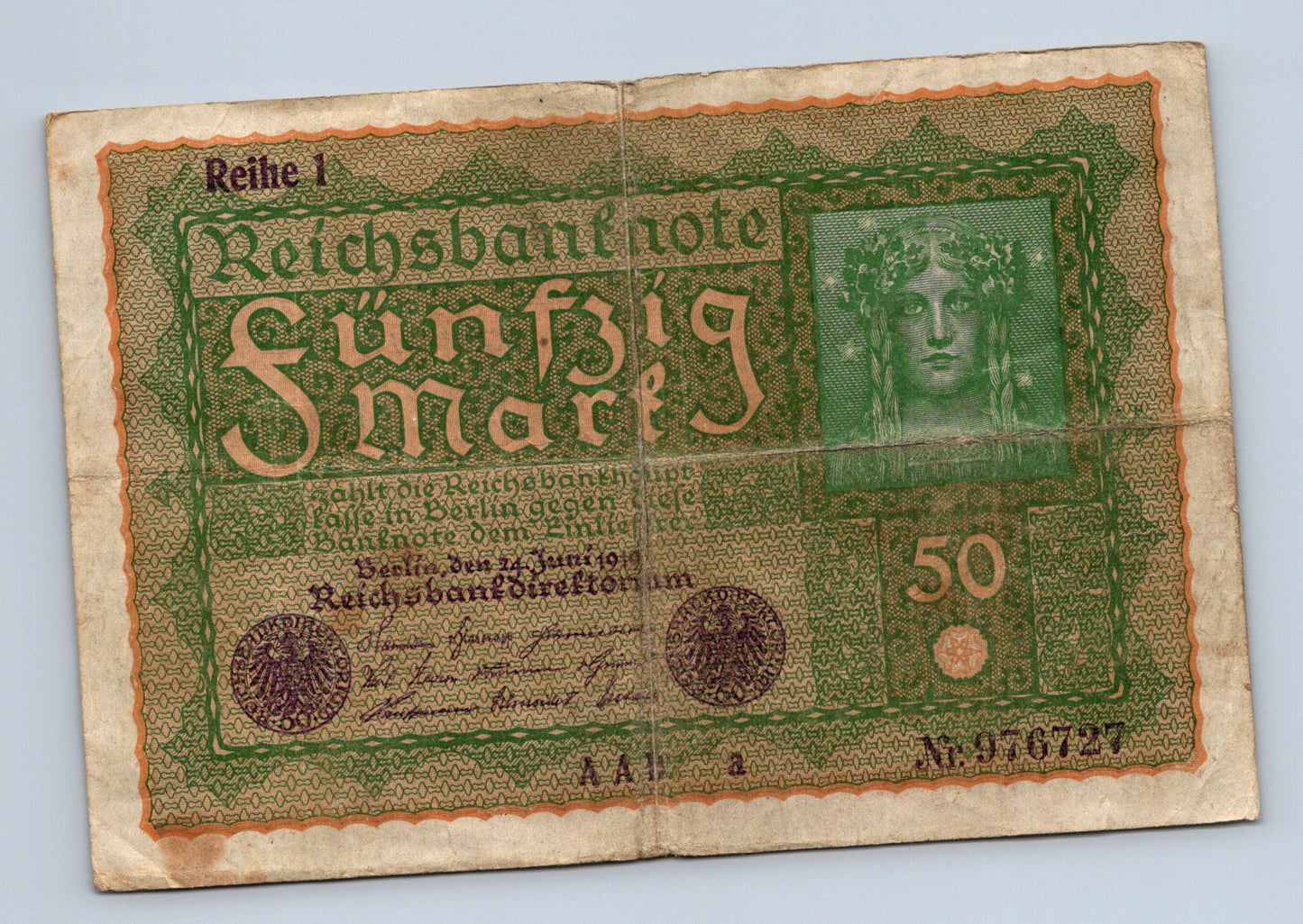 Bankovka Nemecko 50 Mark 1919 Reihe 1 A A N. 976727 (B0134)