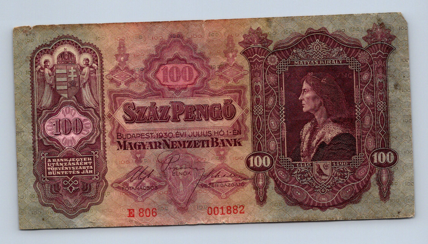 Bankovka Maďarsko 100 Pengő 1930 E E 806 001882 (B0148)