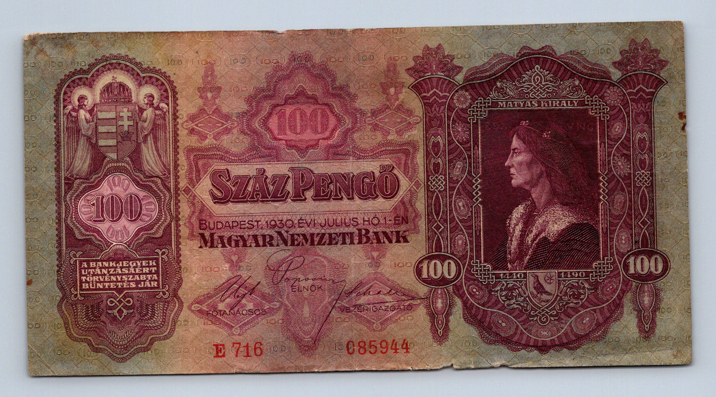 Bankovka Madarsko 100 Pengö 1930 E 716 085944 (B0149)