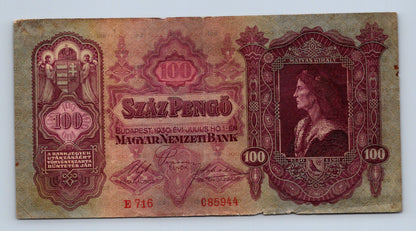 Bankovka Madarsko 100 Pengö 1930 E 716 085944 (B0149)