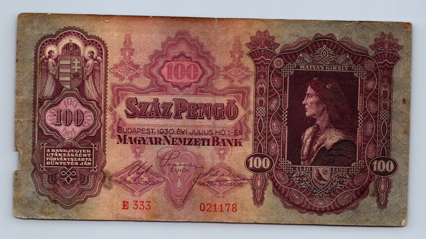 Bankovka Madarsko 100 Pengő 1930 E E 333 021178 (B0153)
