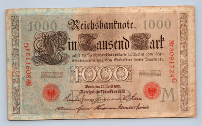 Bankovka Nemecko 1000 Mark 1910 G Nr8091724G (B0166)