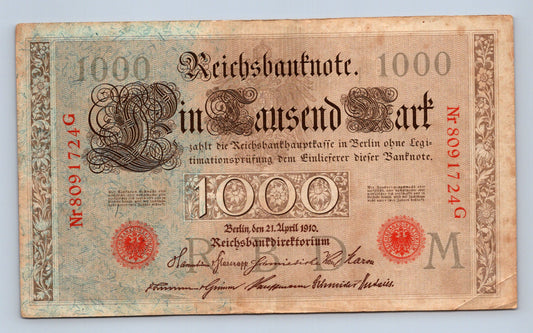 Bankovka Nemecko 1000 Mark 1910 G Nr8091724G (B0166)