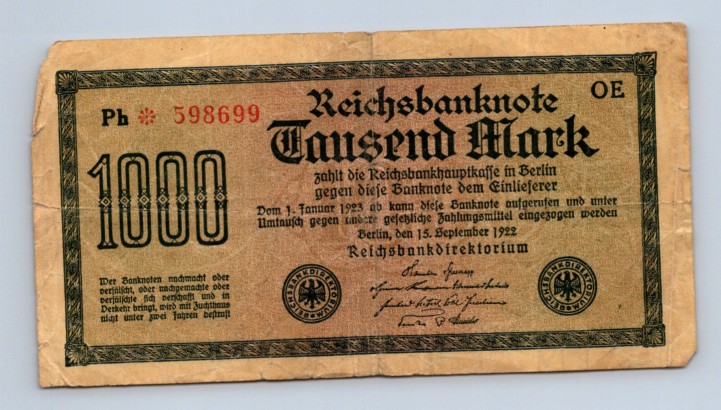 Bankovka Německo 1000 Mark 1922 Ph 598699 (B0176)