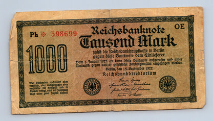 Bankovka Německo 1000 Mark 1922 Ph 598699 (B0176)