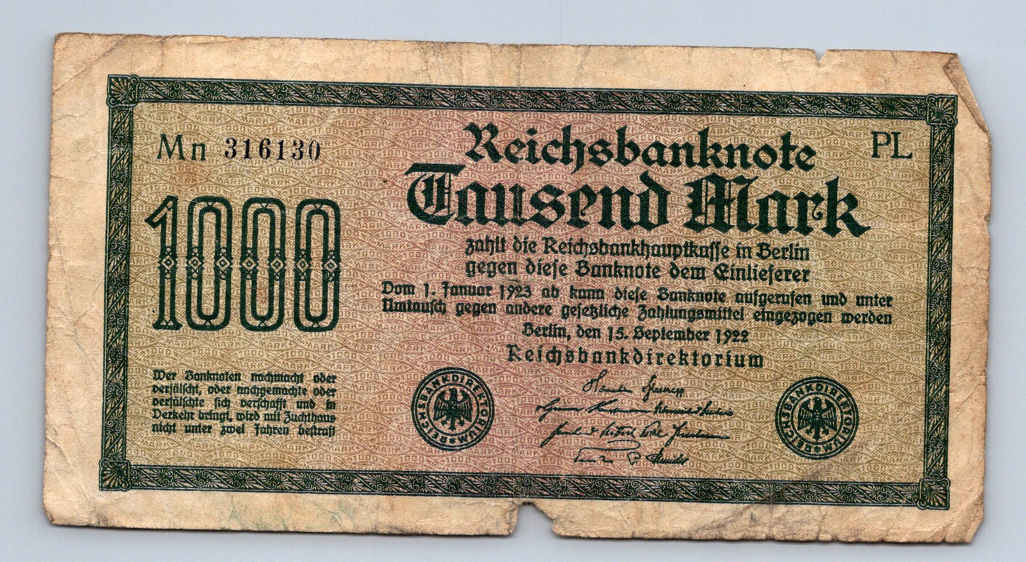 Bankovka Nemecko 1000 Mark 1922 Mn PL 316130 (B0178)