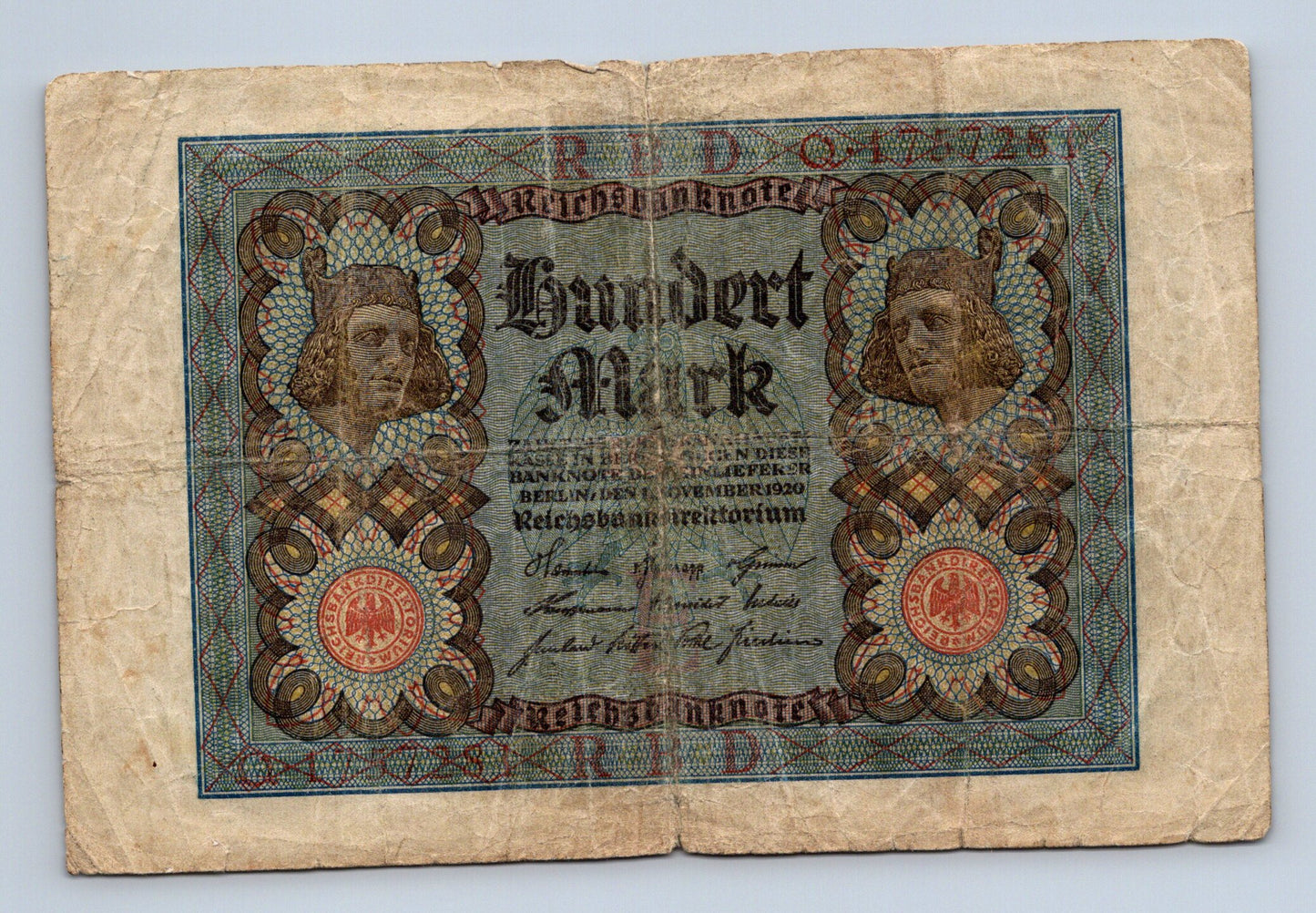 Bankovka Nemecko 100 Mark 1920 Q. H. 177281 (B0181)