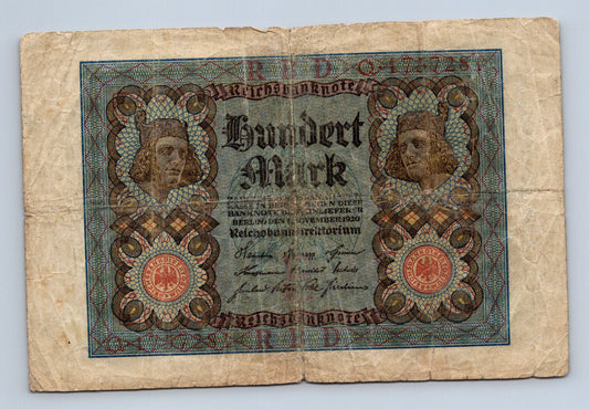 Bankovka Nemecko 100 Mark 1920 Q. H. 177281 (B0181)