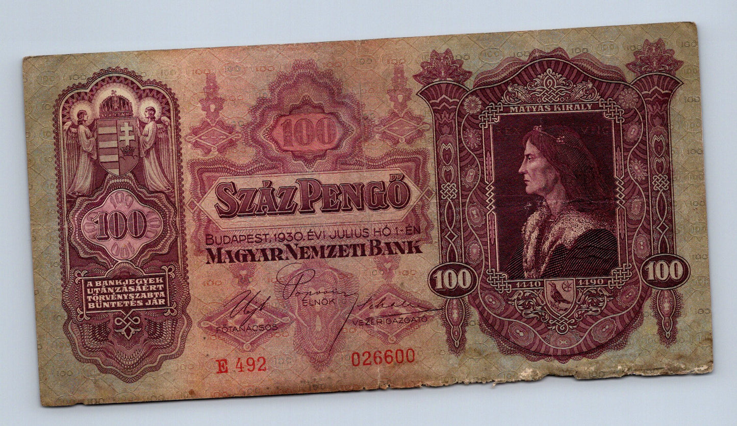Bankovka Madarsko 100 Pengő 1930 E E 492 026600 (B0184)
