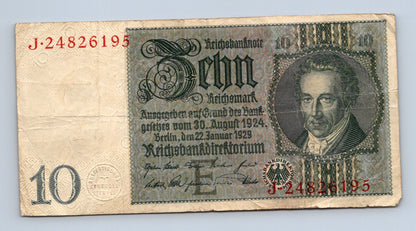 Bankovka Nemecko 10 Reichsmark 1929 E J·24826195 (B0202)