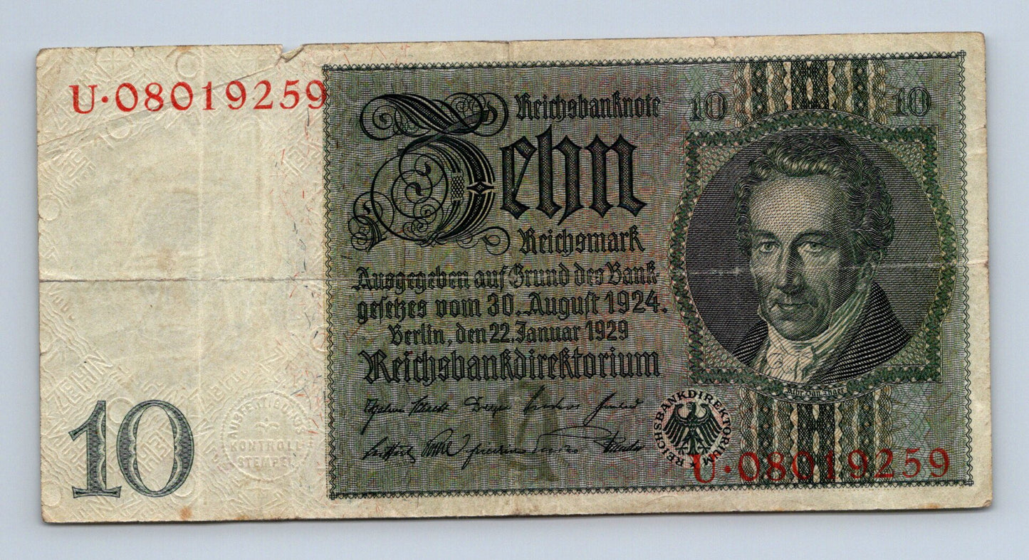 Bankovka Nemecko 10 Reichsmark 1929 U 08019259 (B0205)