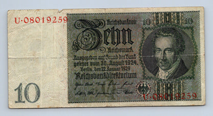Bankovka Nemecko 10 Reichsmark 1929 U 08019259 (B0205)