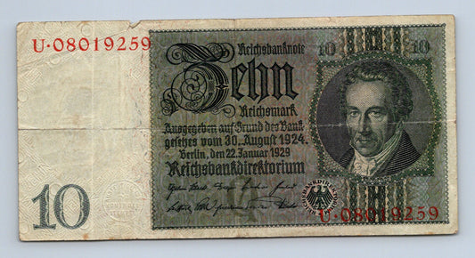 Bankovka Nemecko 10 Reichsmark 1929 U 08019259 (B0205)