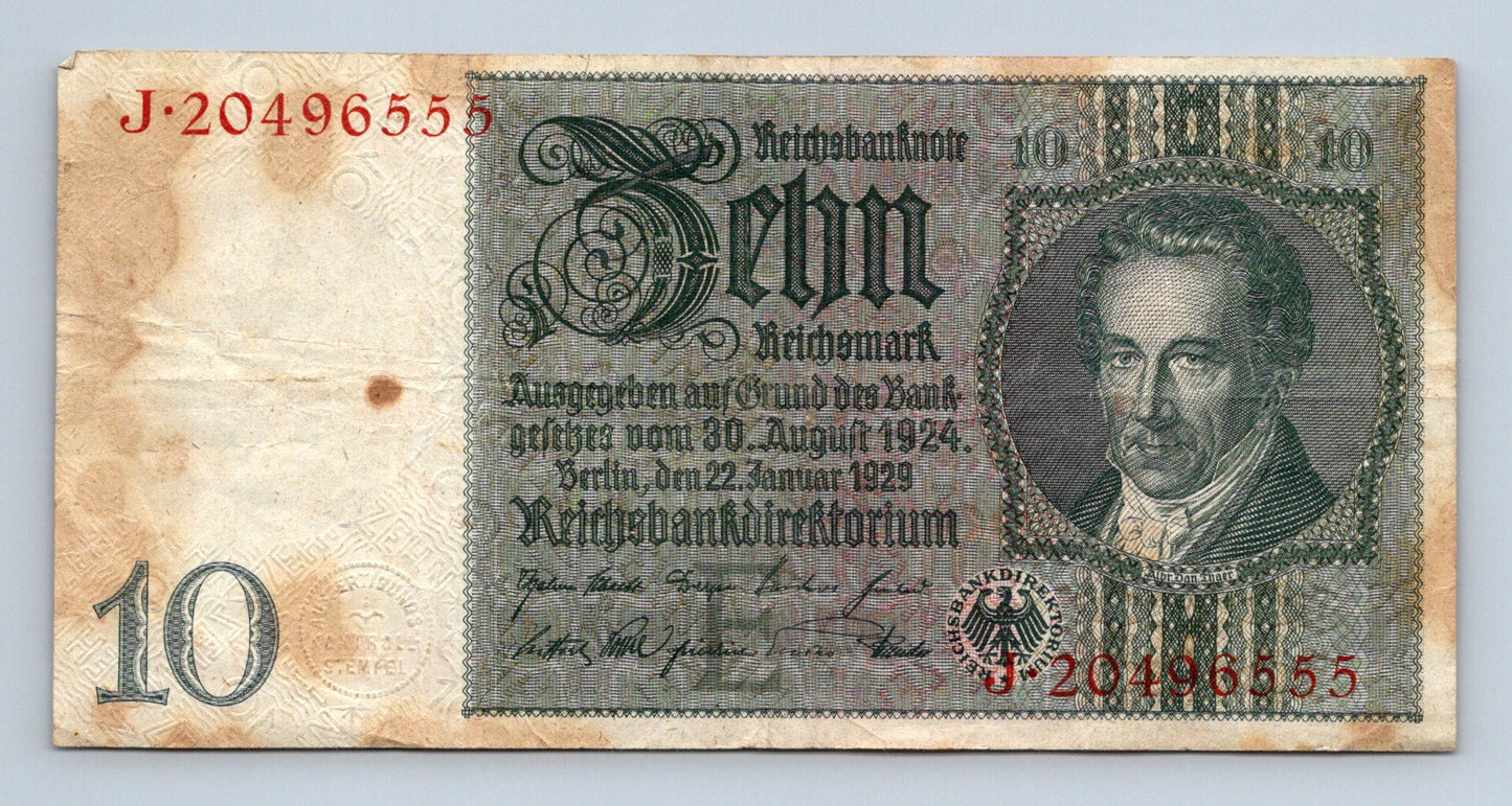 Bankovka Nemecko 10 Reichsmark 1929 J J·20496555 (B0211)