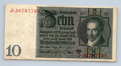 Bankovka Nemecko 10 Reichsmark 1929 J J•36787768 (B0212)