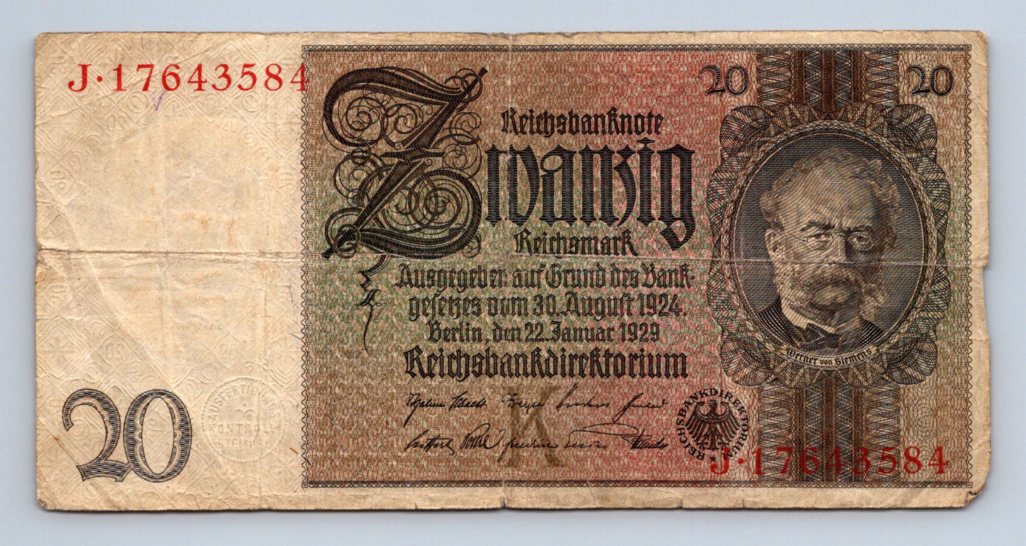 Bankovka Nemecko 20 Reichsmark 1929 J 17643584 (B0214)