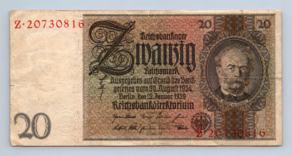 Bankovka Německo 20 Reichsmark 1929 Z Z20730816 (B0216)