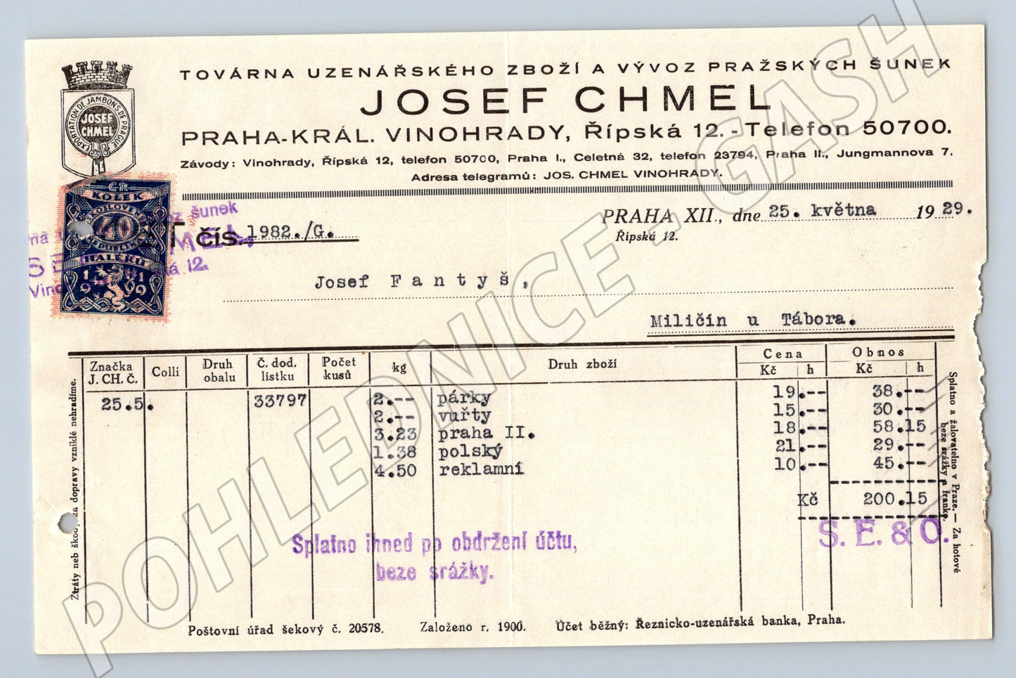 Stary doklad Josef Chmel Praha Král. Vinohrady s kolkem 5K (F100)
