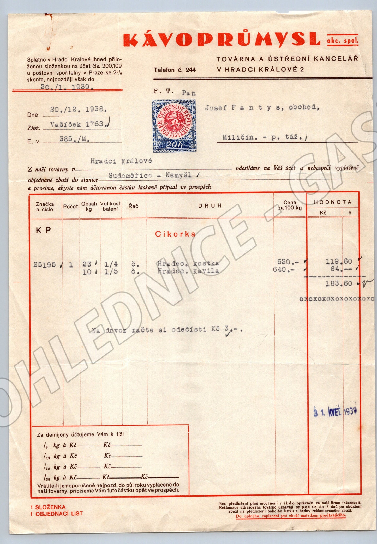 Stary KÁVODRŮMYSL Hradec Králové faktura 1938-1939 (F101)
