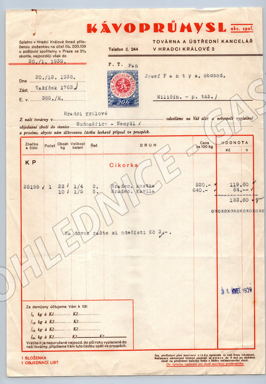 Stary KÁVODRŮMYSL Hradec Králové faktura 1938-1939 (F101)
