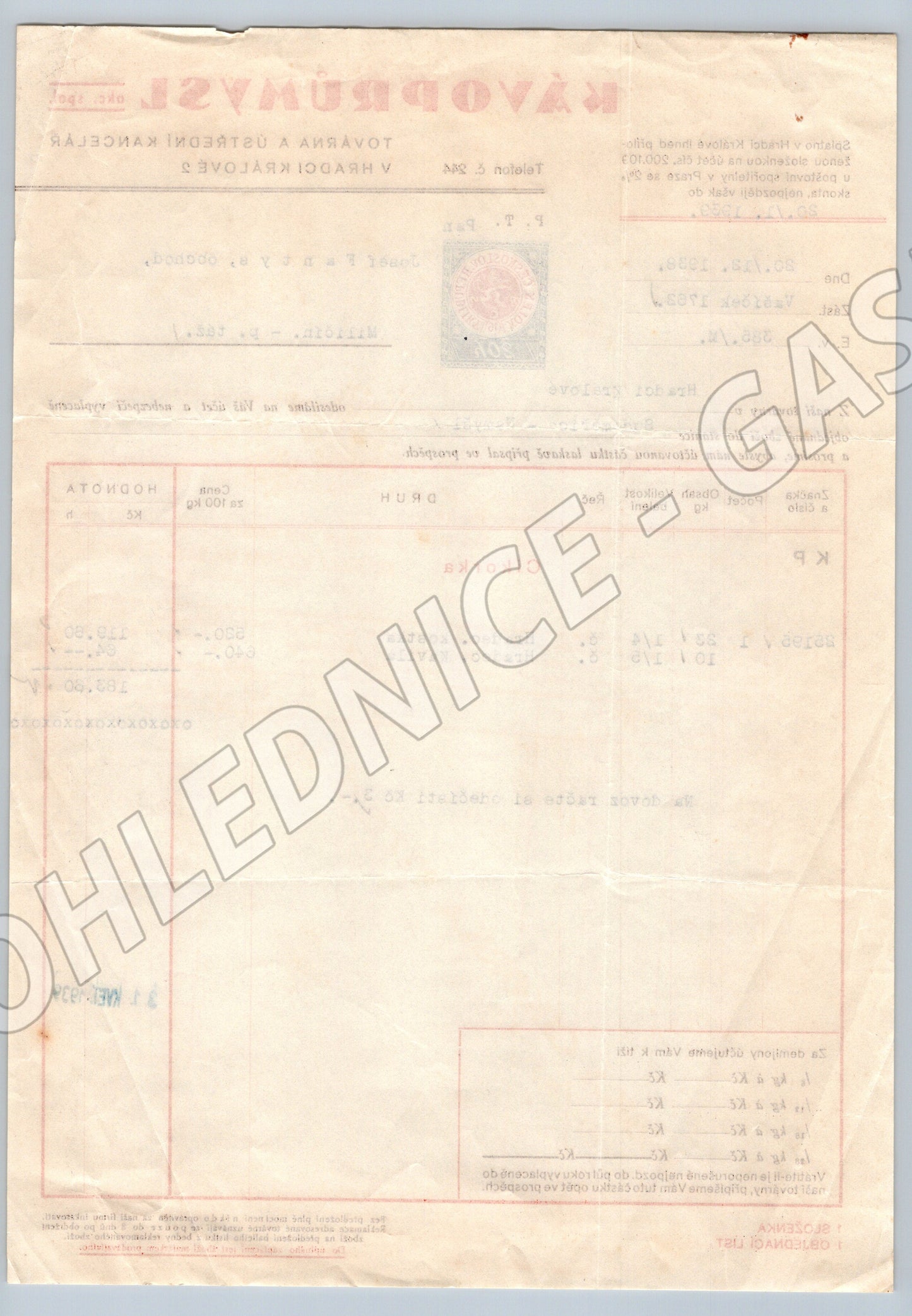 Stary KÁVODRŮMYSL Hradec Králové faktura 1938-1939 (F101)