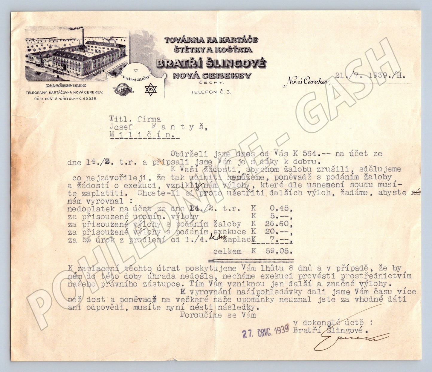 Stary BRATRI SLINGOVE Tovarna Kartace Nova Cerekev faktura 1939 (F102)