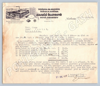 Stary BRATRI SLINGOVE Tovarna Kartace Nova Cerekev faktura 1939 (F102)