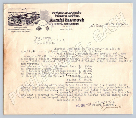 Stary BRATRI SLINGOVE Tovarna Kartace Nova Cerekev faktura 1939 (F102)