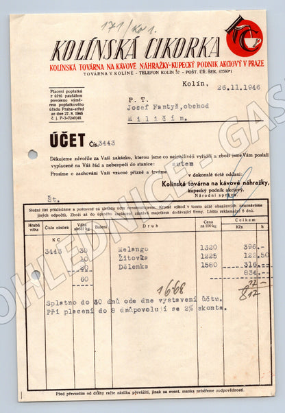 Stary ucet Kolinska Cikorka Kolin 1946 Josef Fantys obchod (F103)