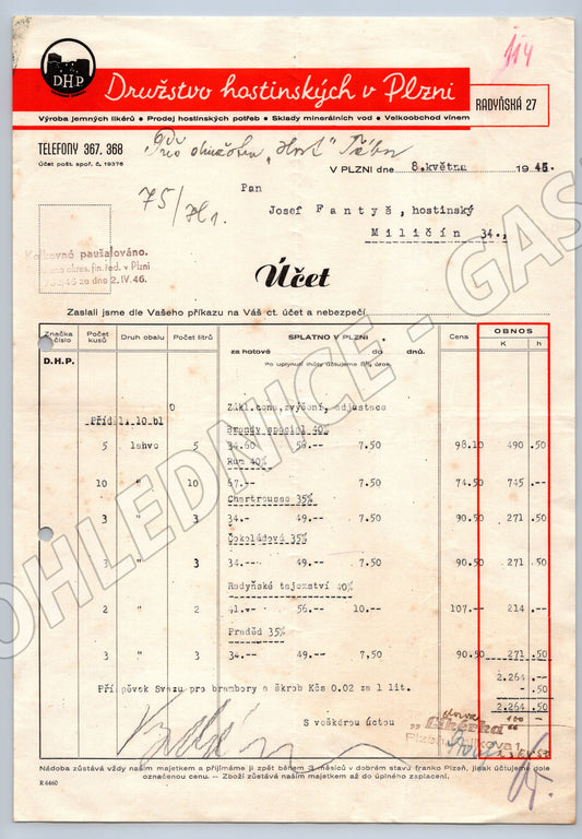 Stary Účet Družstva hostinských v Plzni 1945 (F104)