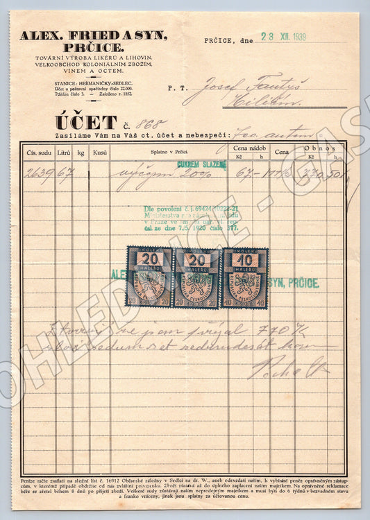 Stary účet Alex. Fried a Syn Prčice 1939 s kolky (F105)