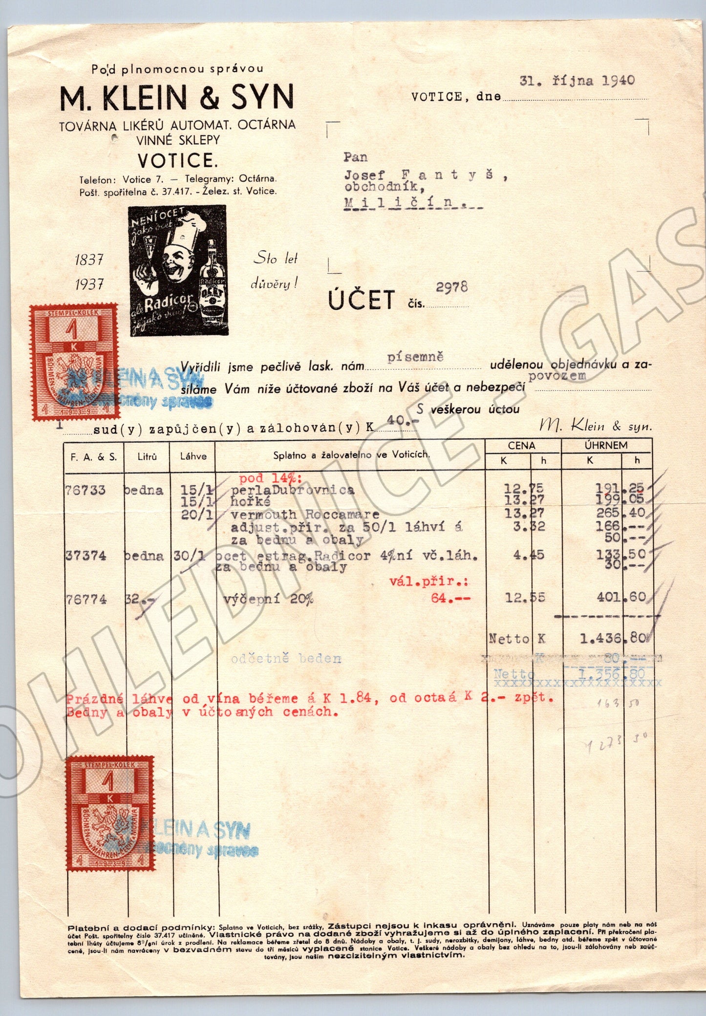 Stary účet M. Klein & Syn Votice 1940 s kolkem (F106)