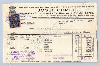 Stary Zúčtovací lístek Josef Chmel Praha 1929 s kolky a razítky (F107)