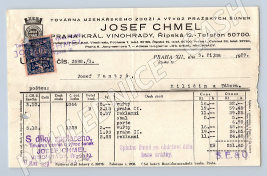 Stary Zúčtovací lístek Josef Chmel Praha 1929 s kolky a razítky (F107)