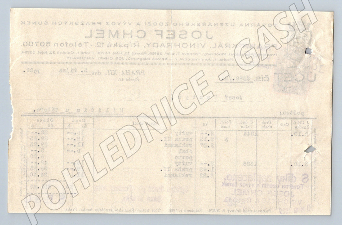 Stary Zúčtovací lístek Josef Chmel Praha 1929 s kolky a razítky (F107)