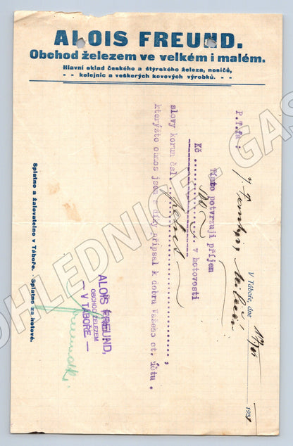 Stary doklad Alois Freund Tábor obchod železem 1937 (F108)