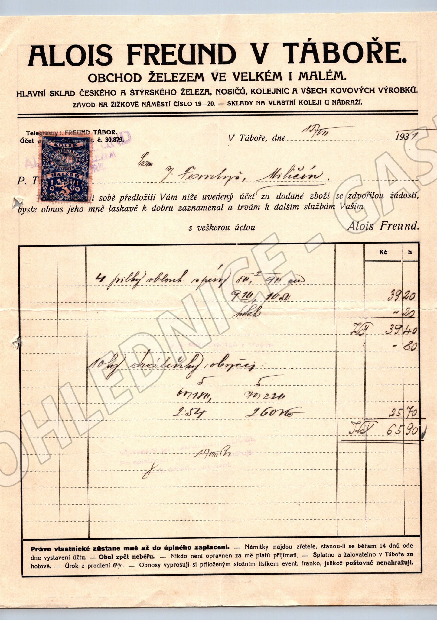 Stary ucet Alois Freund Tabor zelezarstvi 1931 (F109)