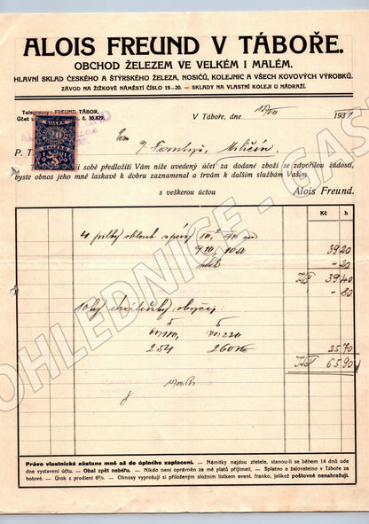 Stary ucet Alois Freund Tabor zelezarstvi 1931 (F109)
