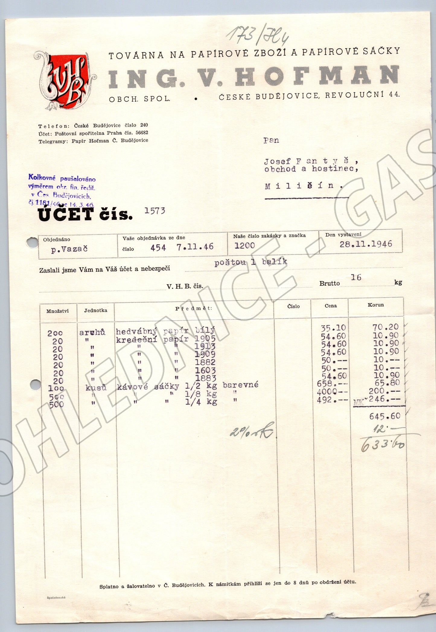 Stary účet Ing. V. Hofman České Budějovice 1946 (F111)