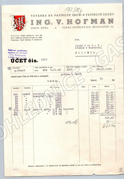 Stary účet Ing. V. Hofman České Budějovice 1946 (F111)