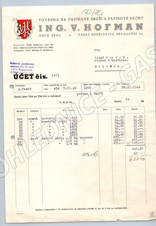 Stary účet Ing. V. Hofman České Budějovice 1946 (F111)