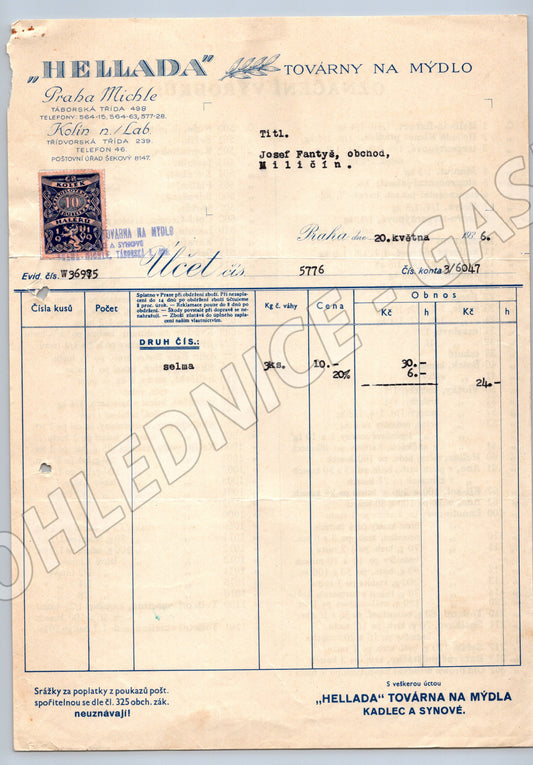 Stary Stara faktura Hellada Továrny na mýdlo Praha Michle 1936 (F112)