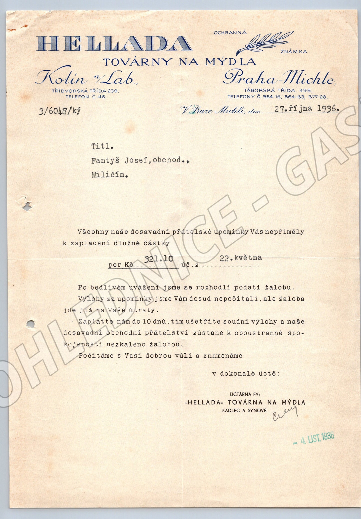 Stary dopis HELLADA Továrny na mýdla Kolín Praha-Michle 1936 (F113)