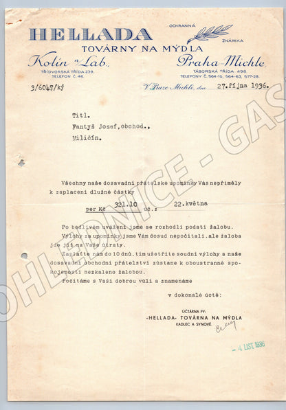 Stary dopis HELLADA Továrny na mýdla Kolín Praha-Michle 1936 (F113)